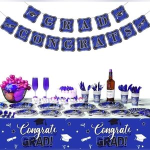💰Grad Party Supplies 24PC Banner Plates Napkins Cups Tablecloth Utensils (Blue)